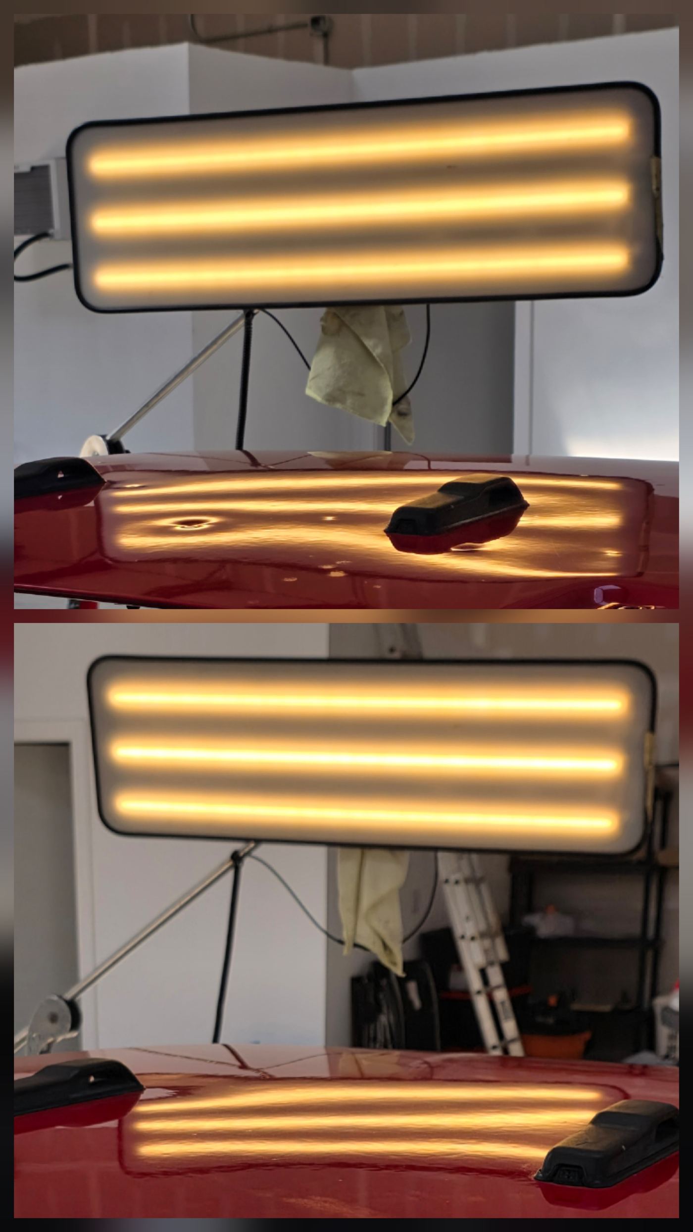 Before and after paintless dent repair on a vehicle roof